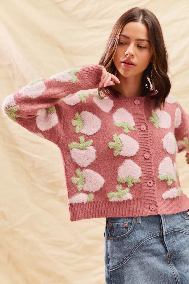 SO ME Strawberry Fruit All Over Button Sweater Cardigan