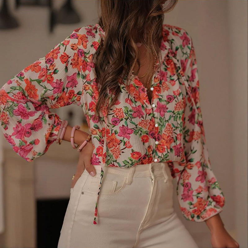 Boho Floral V-Neck Drawstring Blouse