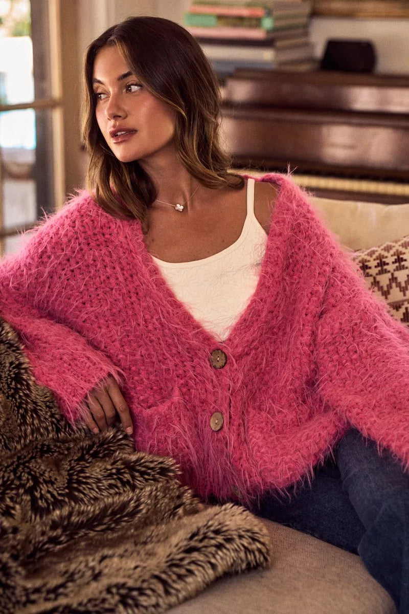 SO ME Soft Touch Hairy Loose Fit Cozy Sweater Cardigan