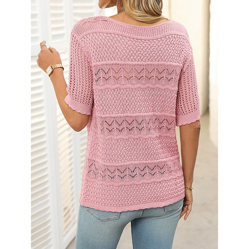 Women’s Short Sleeve Crochet Knit Hollow-Out Top