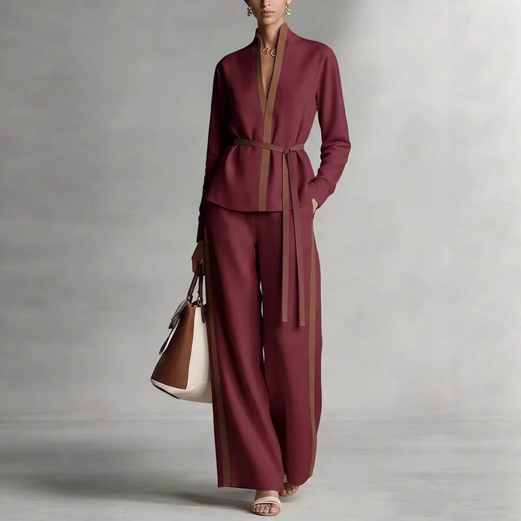 Women’s Patchwork Cardigan & Wide Leg Pants Two Piece Set