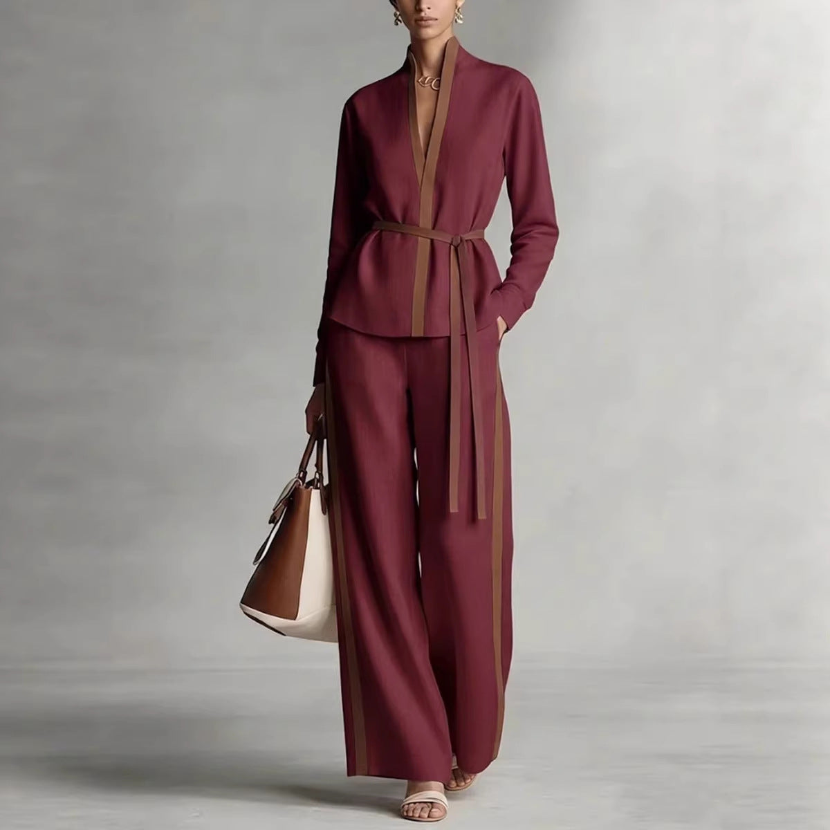 Women’s Patchwork Cardigan & Wide Leg Pants Two Piece Set