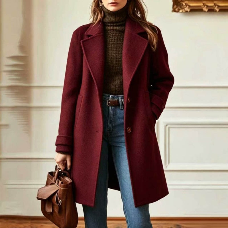 Women's Button-Front Mid-Length Lapel Coat