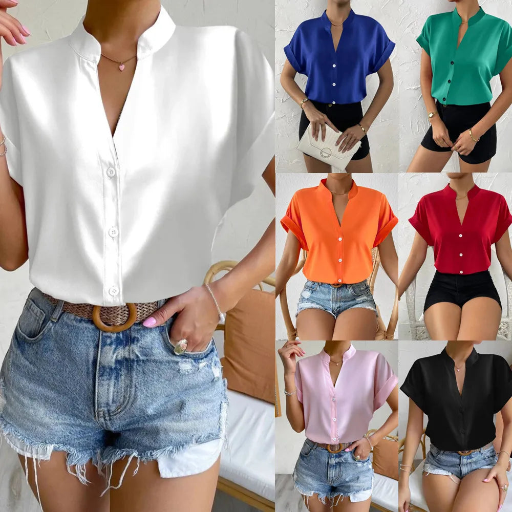 🧡 Summer Women's Satin V-Neck Short Sleeve Shirt – Elegant Casual Wear