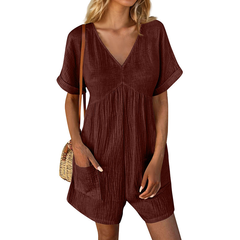 Summer Romper Casual Short Sleeve V Neck Short Jumpsuits