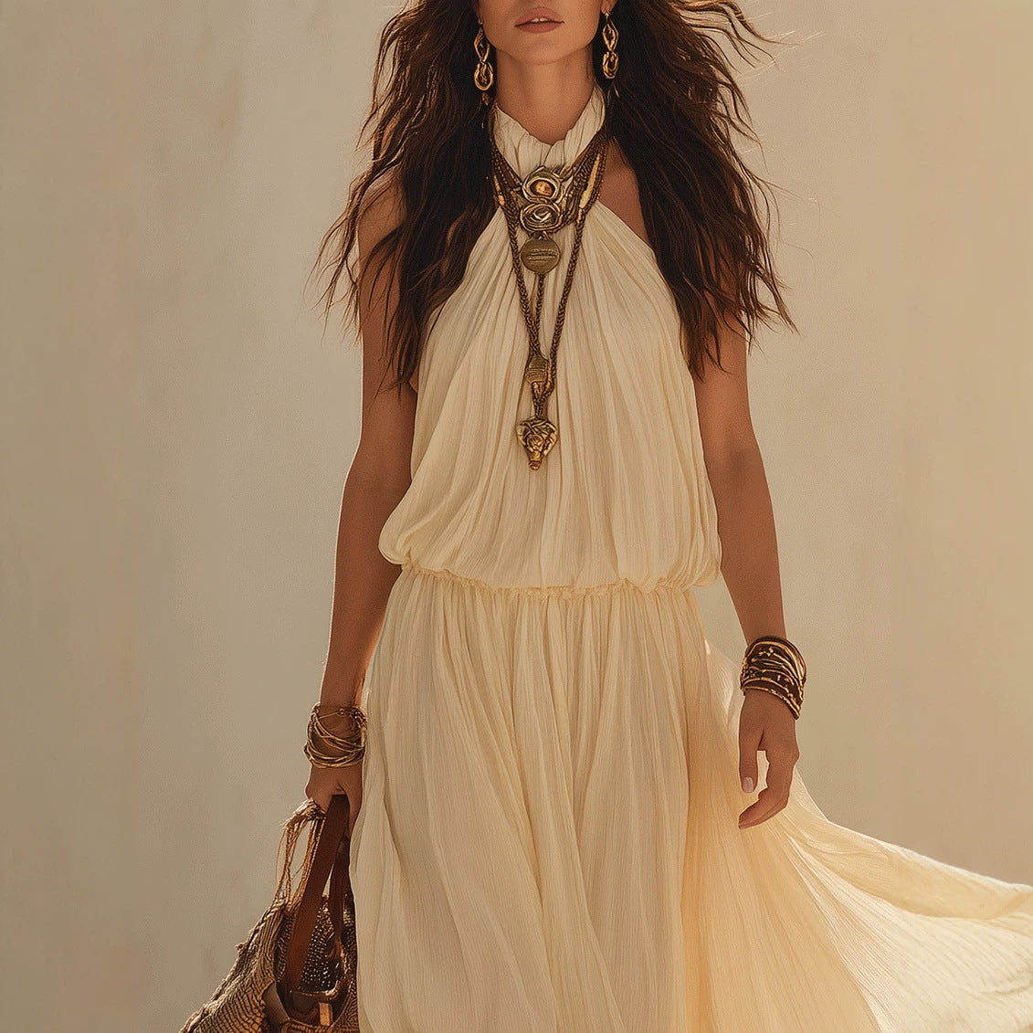 Beige White Halter Neck Maxi Dress – Boho Fairy Sleeveless Long Dress
