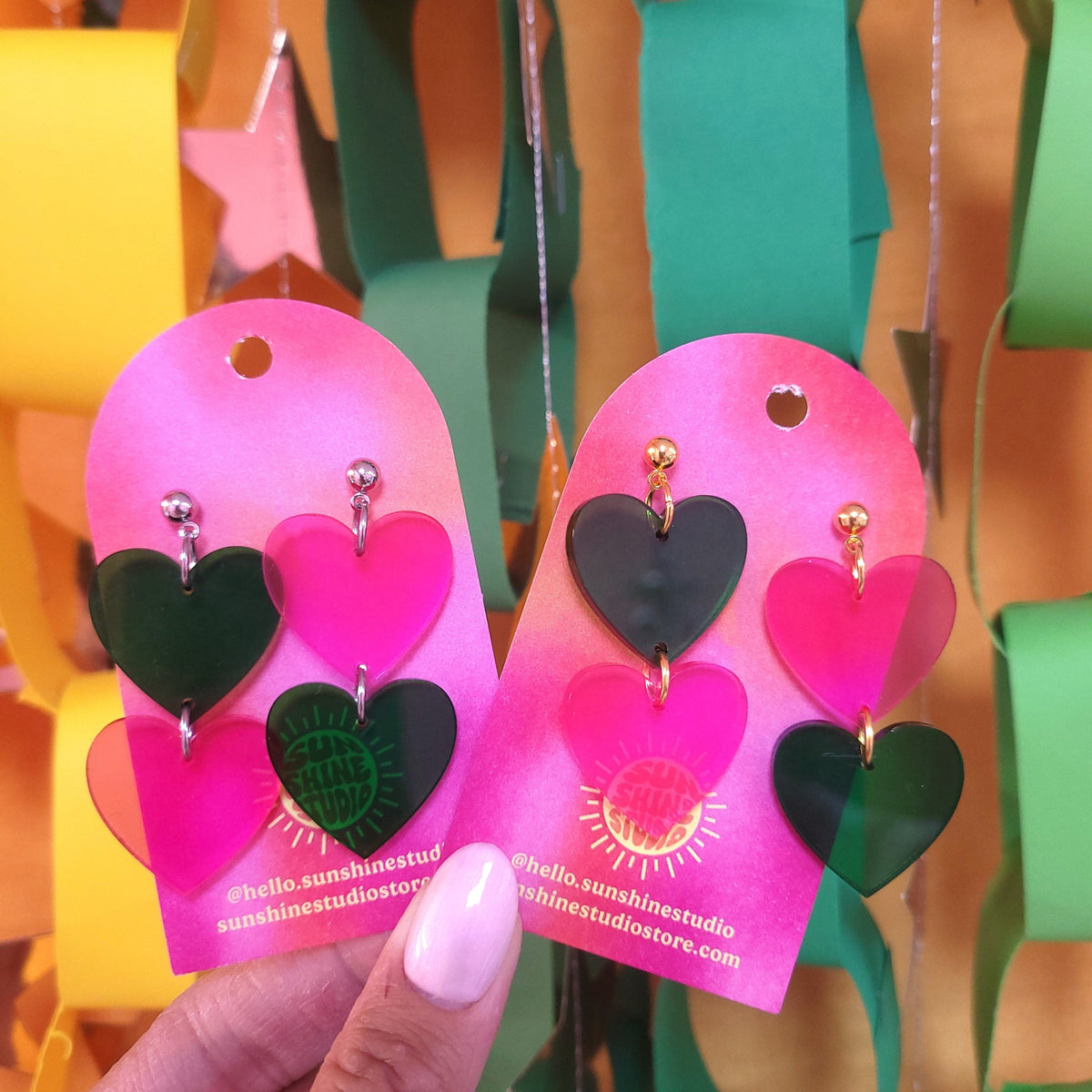"Frenemies" Pink and Green Heart Dangle Earrings