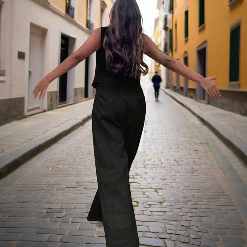 Women’s V‑Neck Button‑Front Vest & High‑Waist Pants Set