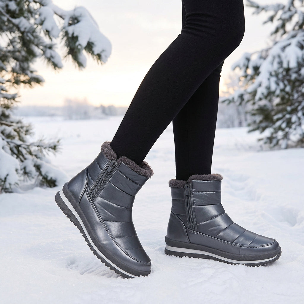 Plush-Lined Round-Toe Flat Short Winter Boots