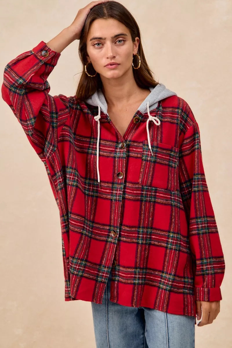 BiBi Brushed Plaid Hooded Jacket