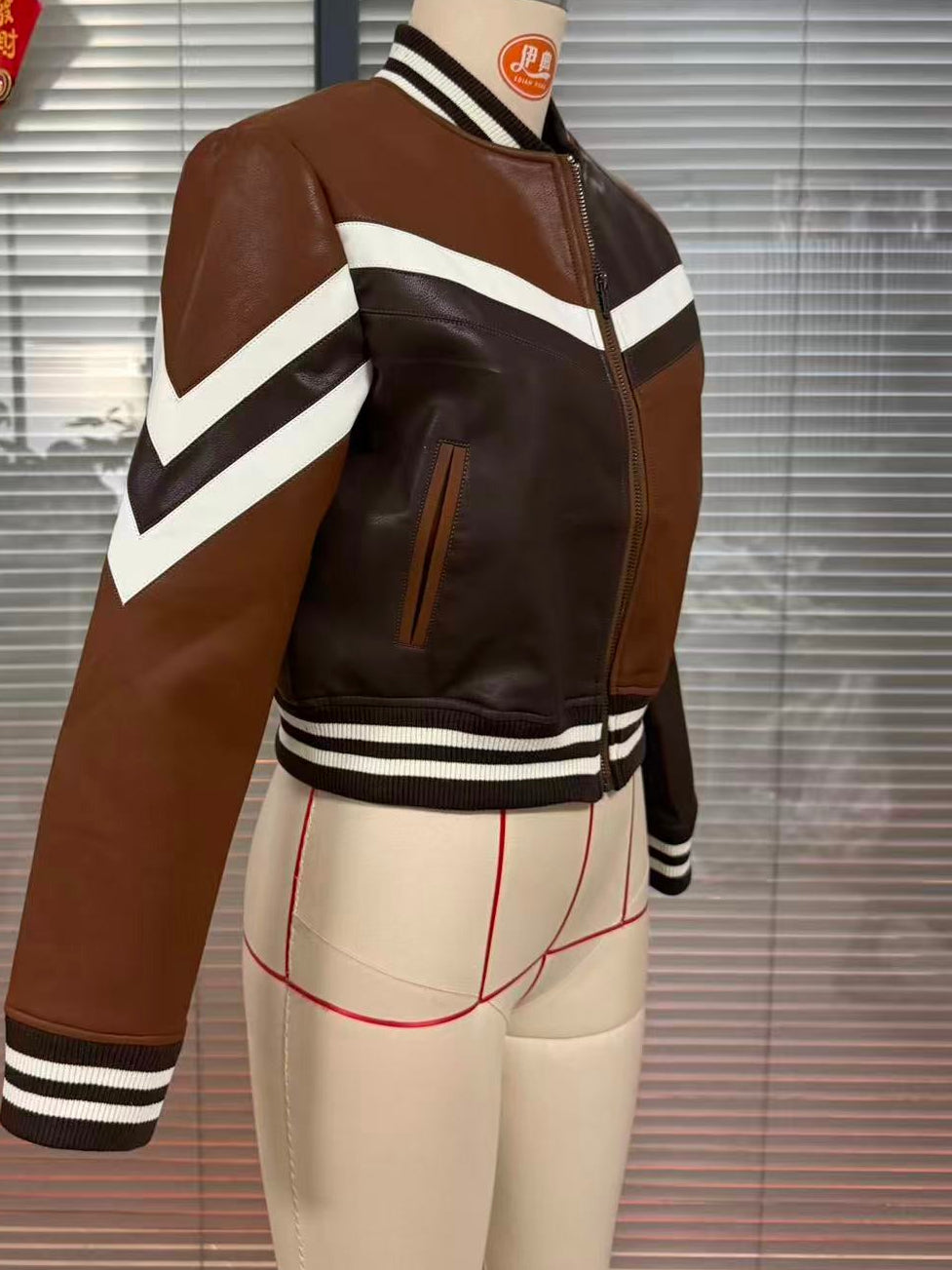 Brown Patchwork Faux-Leather Cropped Jacket with Striped Sleeves