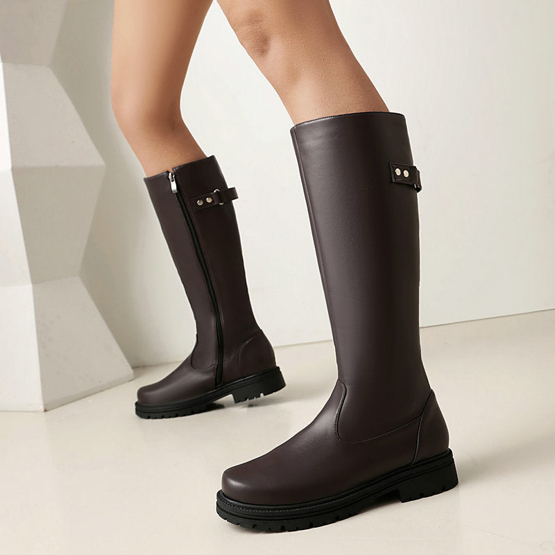 Women’s Retro British-Style Riding Boots – Leather Belt Buckle Knee Boots