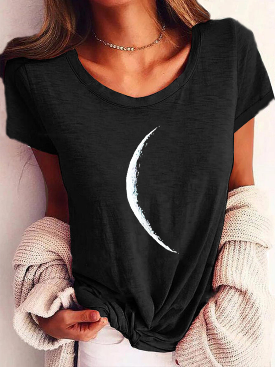 Wide Collar Printed T-Shirt – Casual Short Sleeve Top for Women