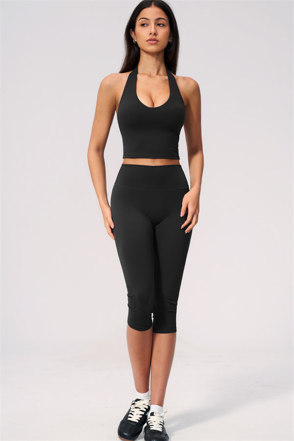 The Twirl Wide Strap Halter Crop Top Capri Leggings 2-Piece Set