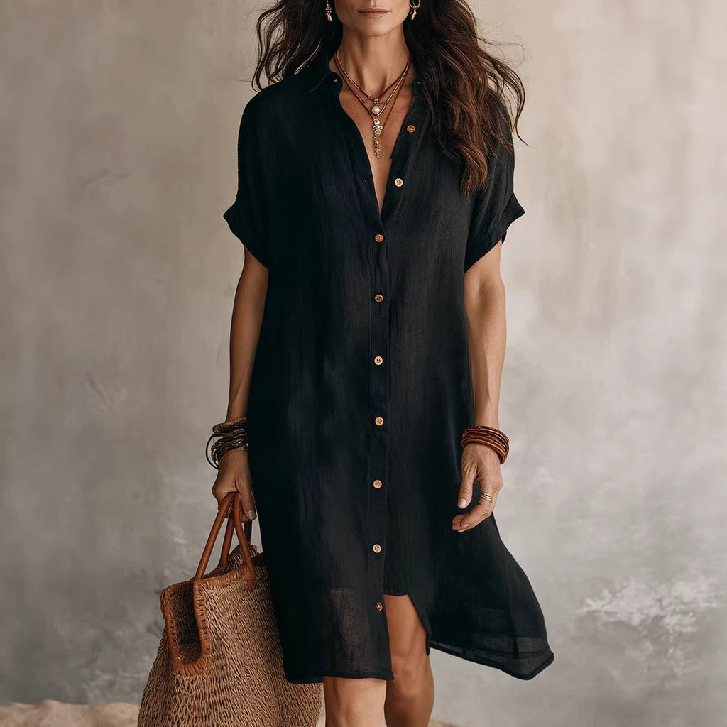 Women's Buttoned Midi Shirt Dress – Short Sleeve Cotton Linen