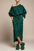 Off-Shoulder Top & Drawstring Long Skirt Set with Pockets
