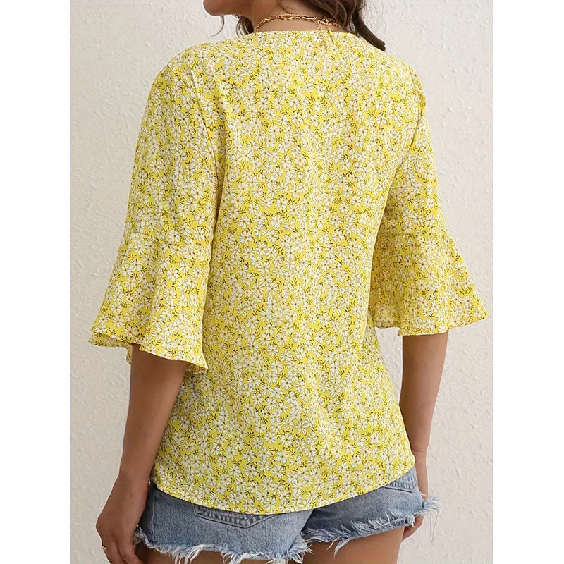 Womens Summer Floral Print Blouses V-Neck Flare Sleeve Tops