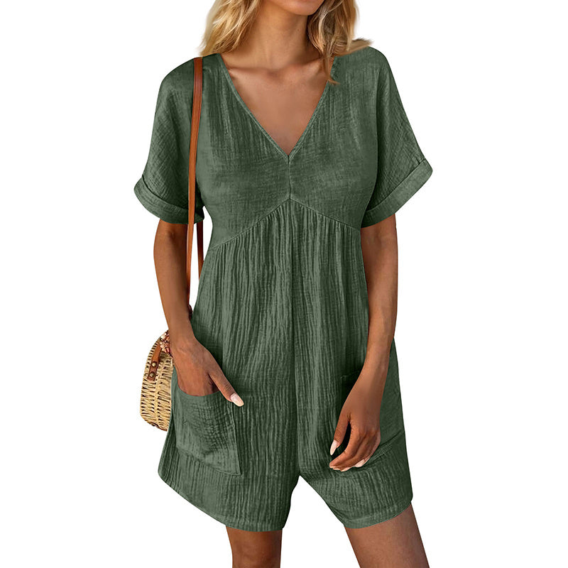 Summer Romper Casual Short Sleeve V Neck Short Jumpsuits
