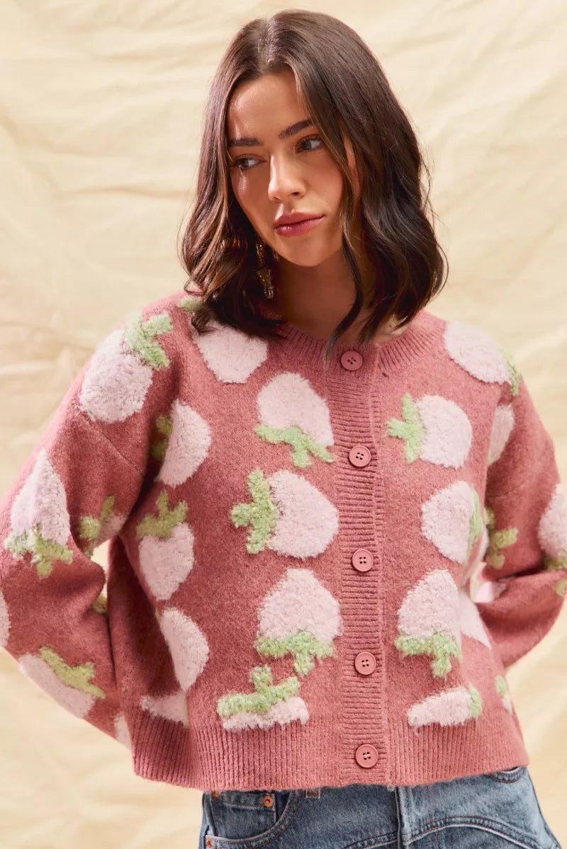 SO ME Strawberry Fruit All Over Button Sweater Cardigan