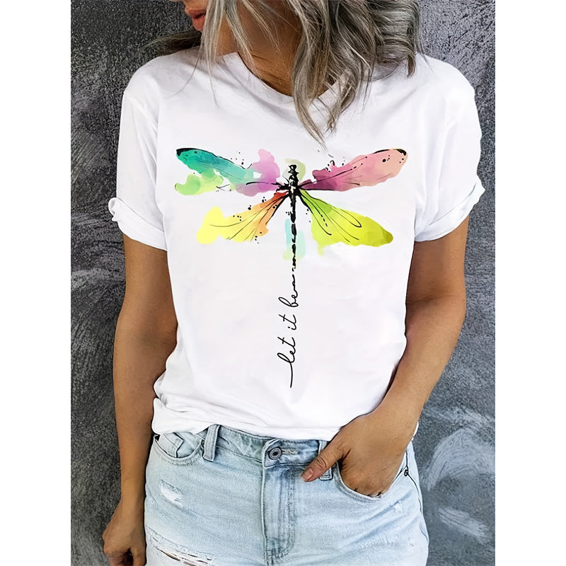 Short Sleeve T-Shirt Dragonfly Pattern Casual Round Neck Tee