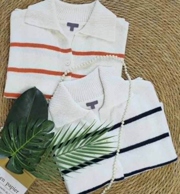 Women’s Knit Button Cardigan with Striped Short Sleeves