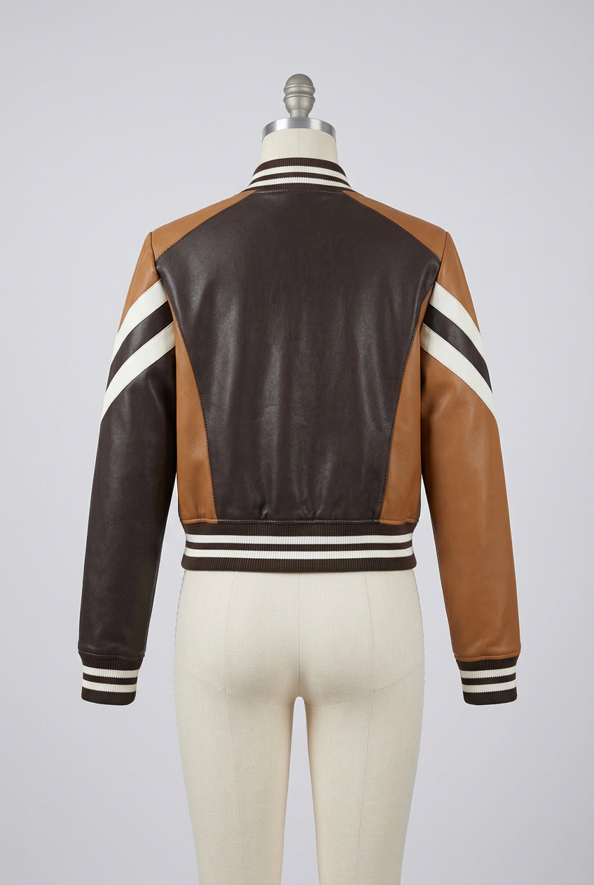 Brown Patchwork Faux-Leather Cropped Jacket with Striped Sleeves