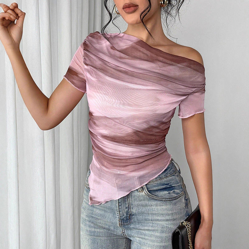 Women’s Tie-Dye One-Shoulder Mesh Ruched Top – Asymmetrical Stretch Tee for Going Out
