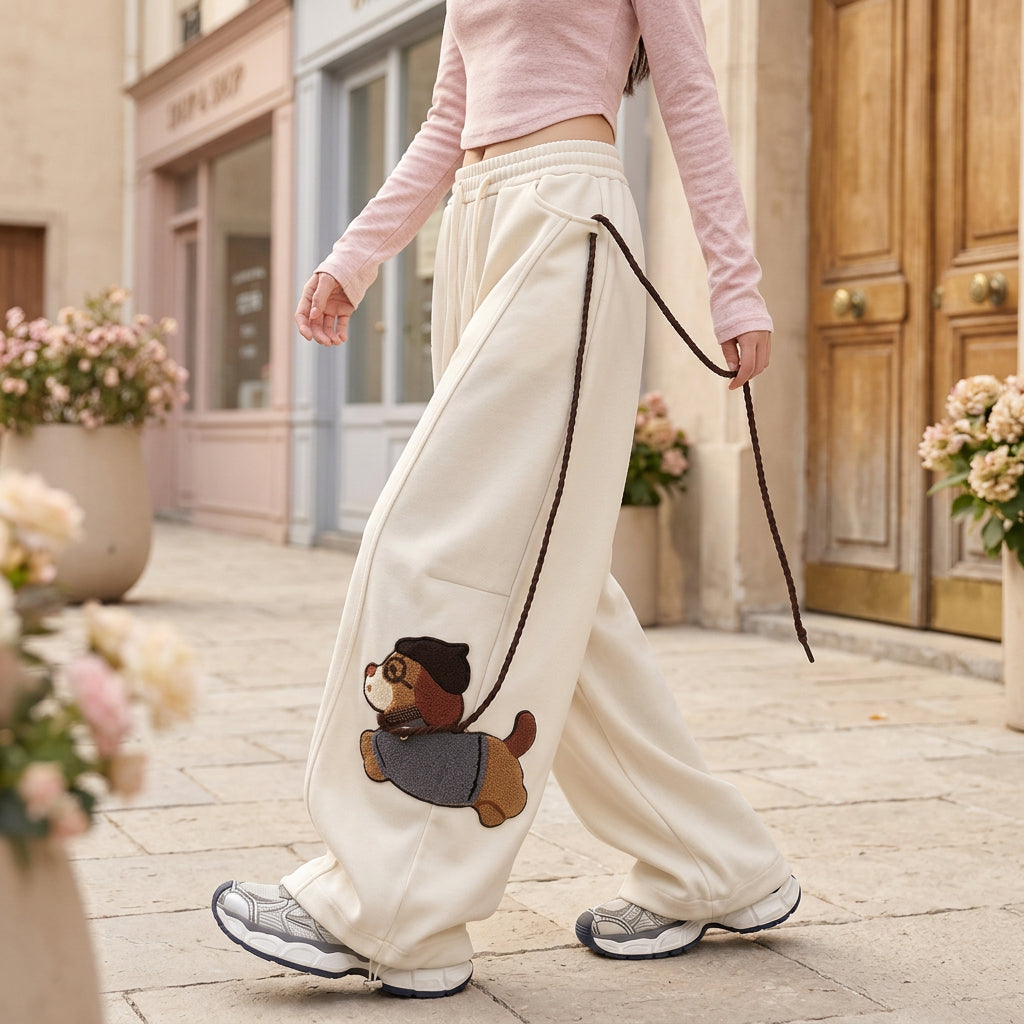 Bear-Detail Wide-Leg Cotton-Blend Sweatpants