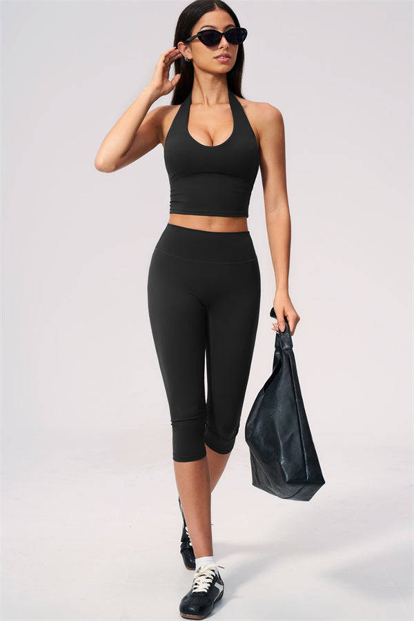 The Twirl Wide Strap Halter Crop Top Capri Leggings 2-Piece Set