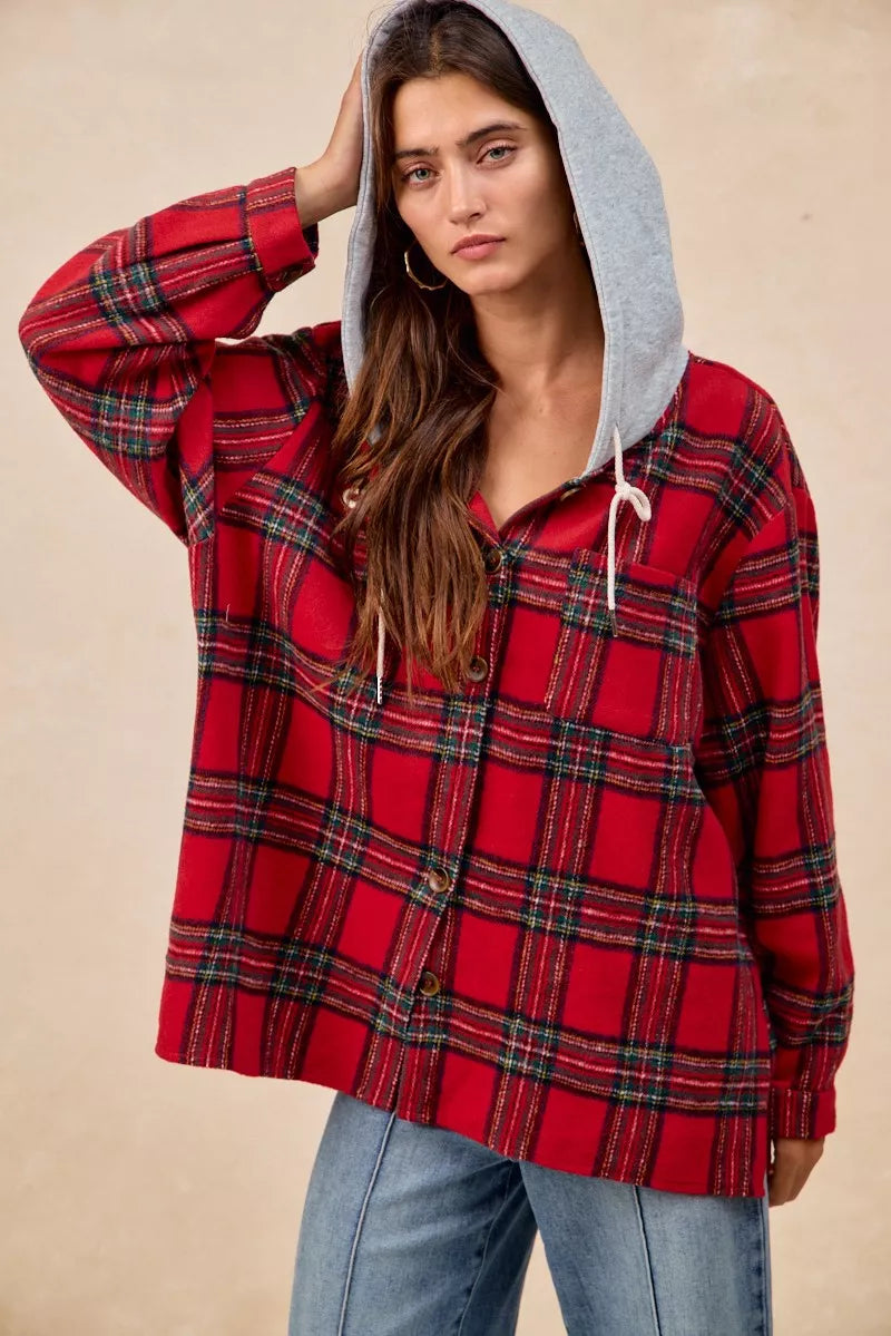 BiBi Brushed Plaid Hooded Jacket