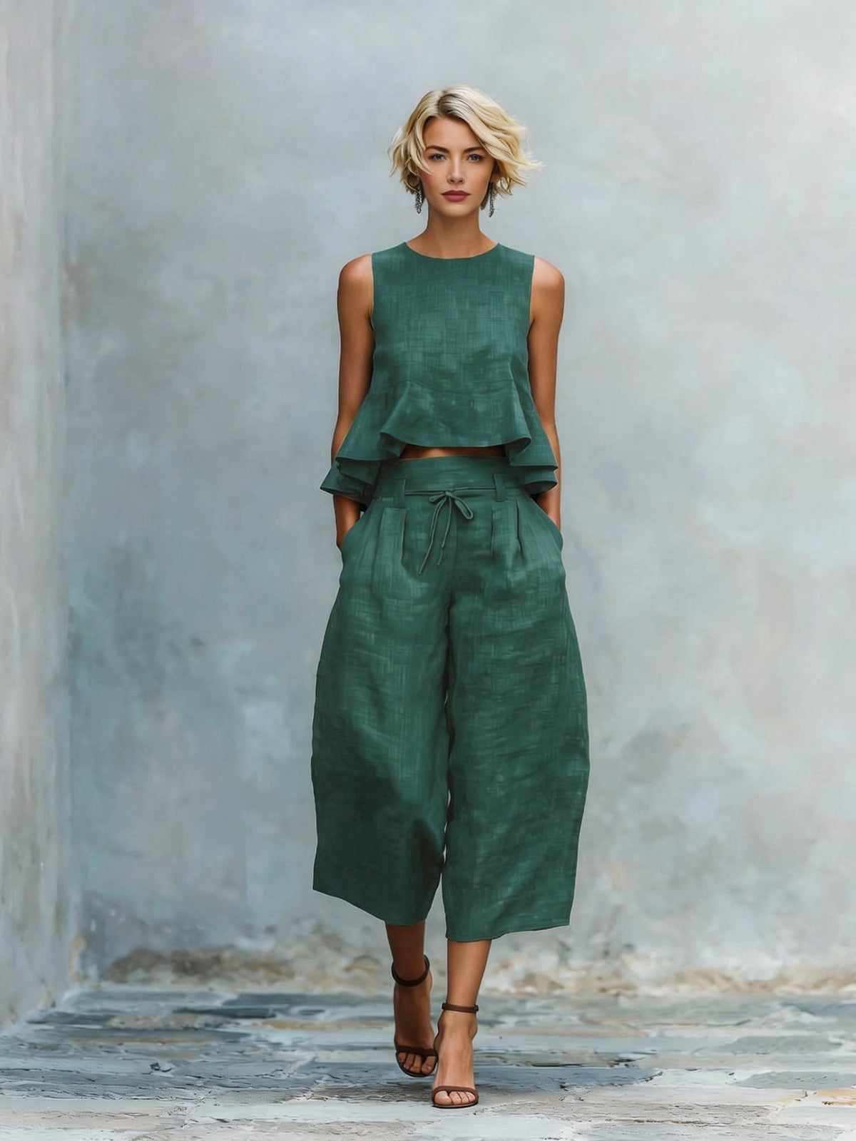 Women’s Linen-Blend Sleeveless Two Piece Set with Ruffled Detailing