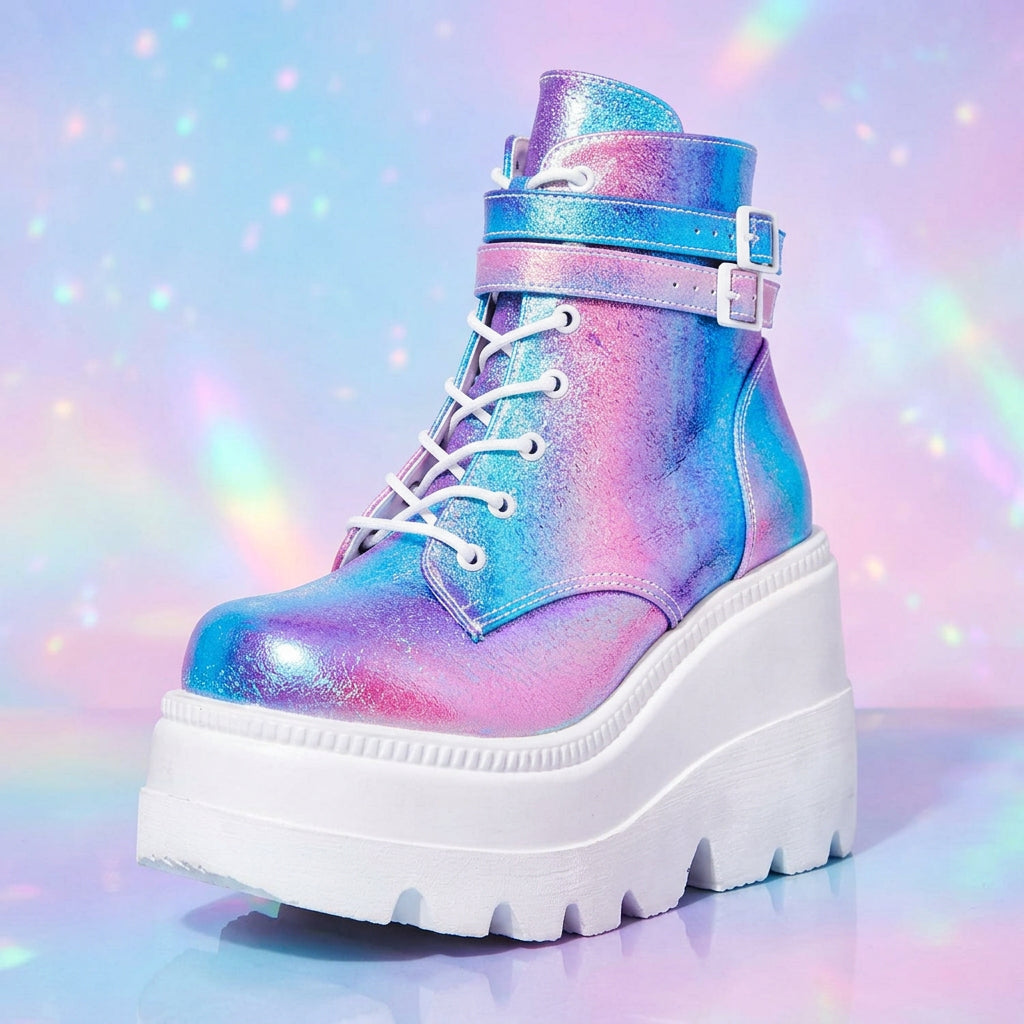 Women's Lace-Up Platform Ankle Boots with Buckle Straps