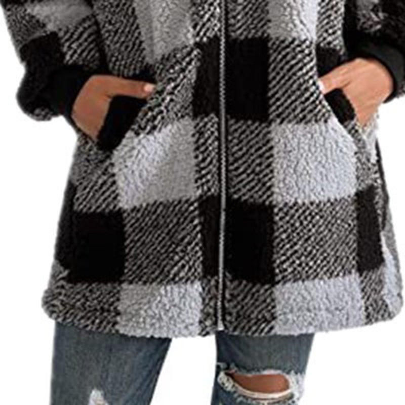 Plaid Hooded Zip-Up Oversized Jacket — Women’s Winter Commute Coat