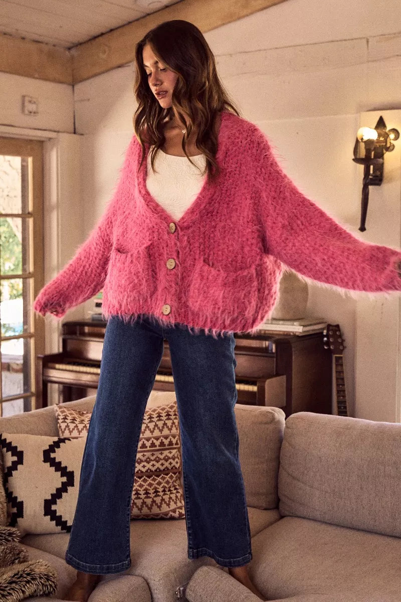 SO ME Soft Touch Hairy Loose Fit Cozy Sweater Cardigan