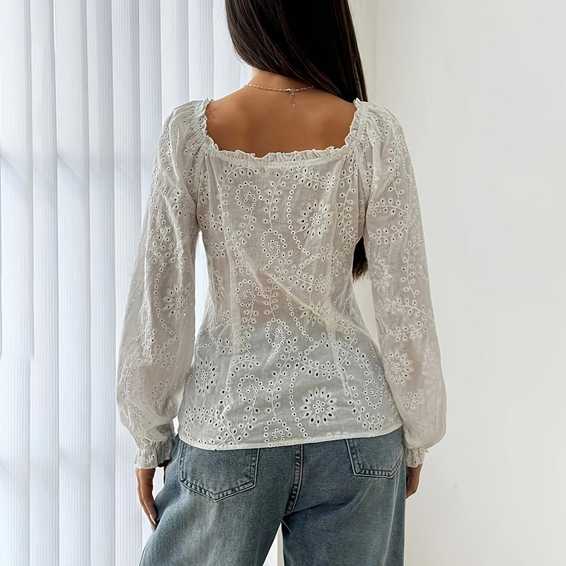Women’s Square Neck Eyelet Lace Blouse – Puff Sleeve Hollow-Out Button Top