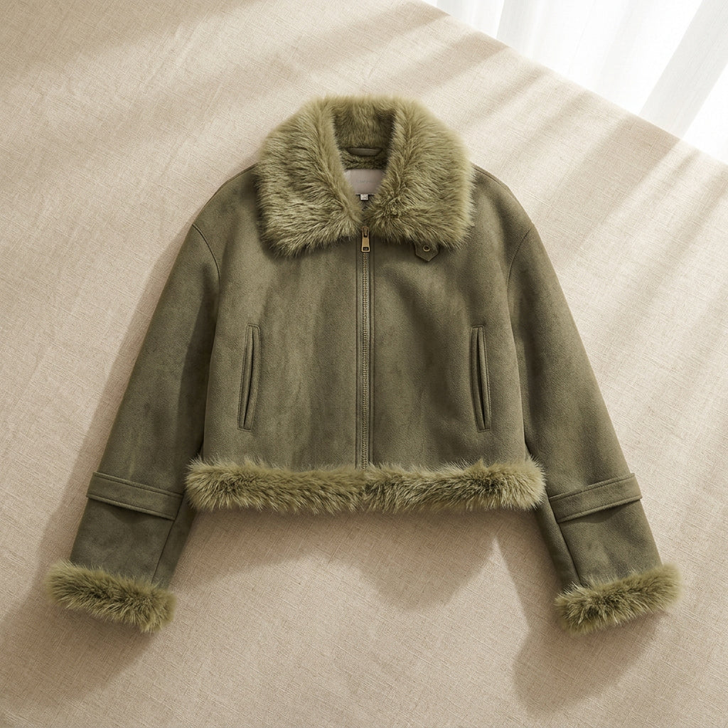 Women's Suede-Look Cropped Biker Jacket with Fluffy Trim