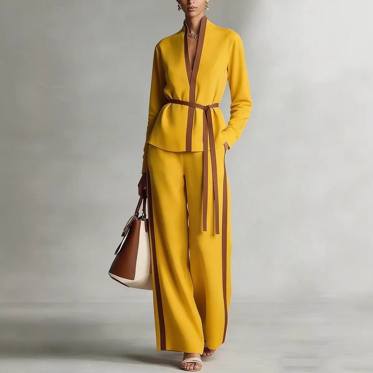 Women’s Patchwork Cardigan & Wide Leg Pants Two Piece Set