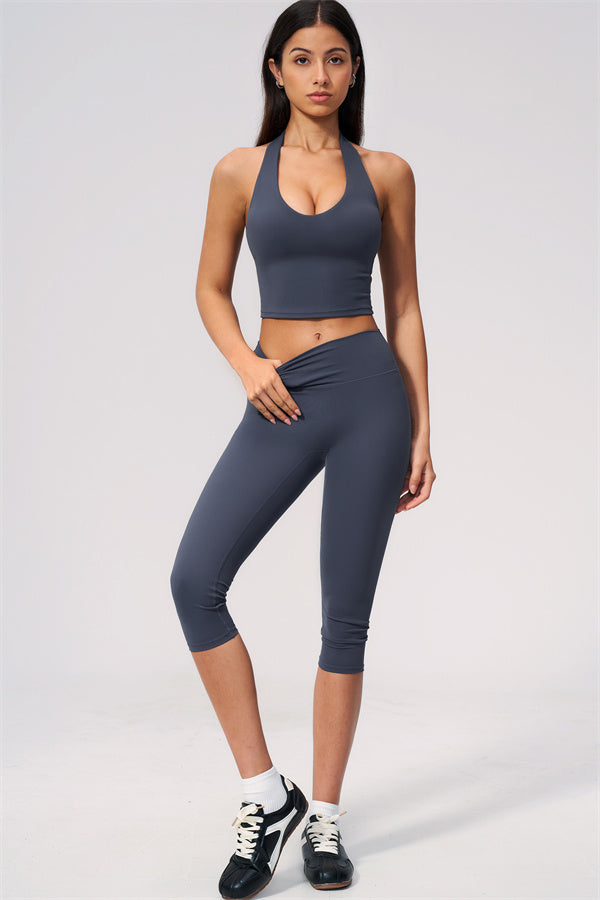 The Twirl Wide Strap Halter Crop Top Capri Leggings 2-Piece Set