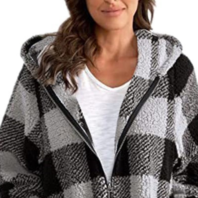 Plaid Hooded Zip-Up Oversized Jacket — Women’s Winter Commute Coat