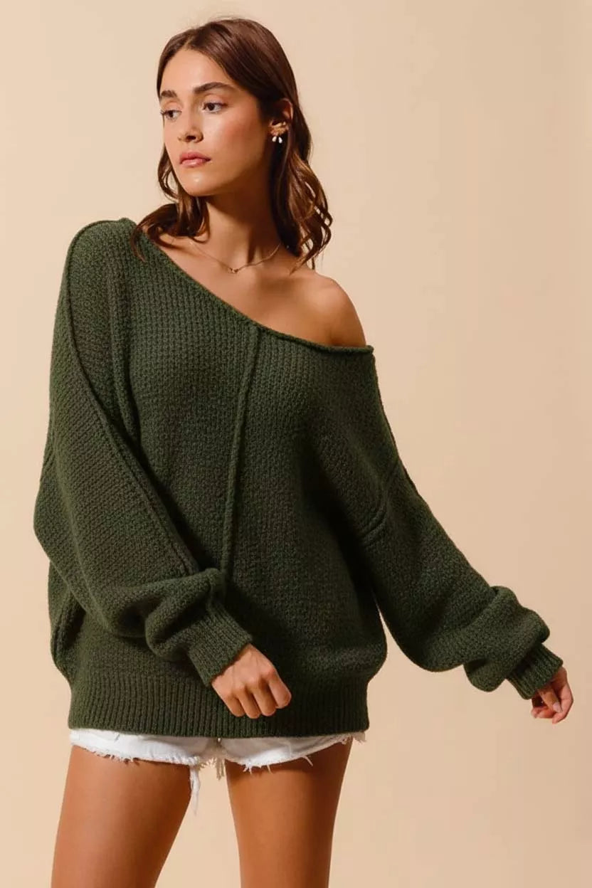 SO ME Loose Fit Exposed Seam Slouchy Boucle Sweater