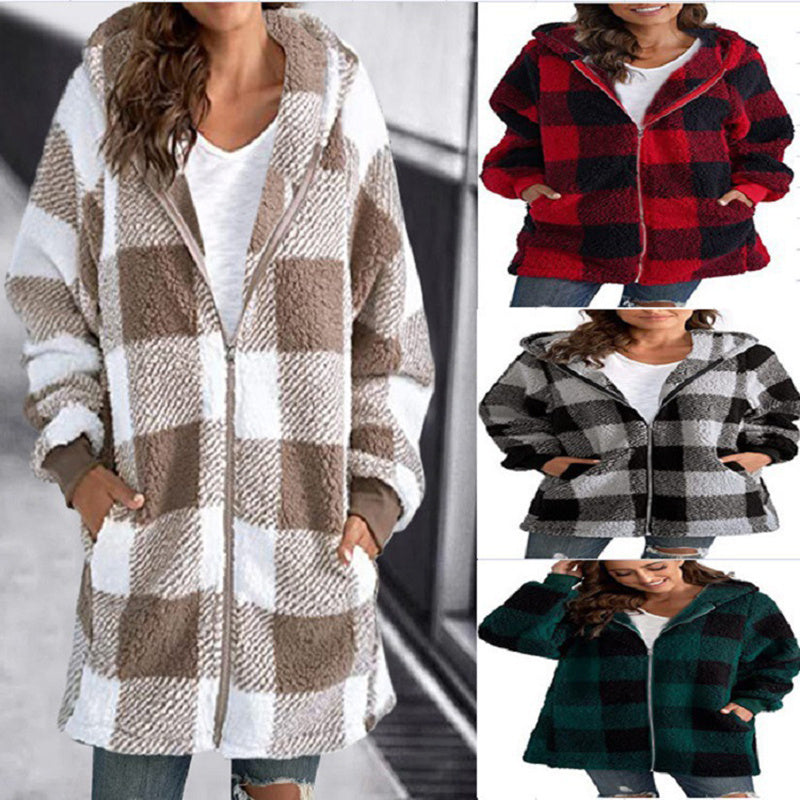 Plaid Hooded Zip-Up Oversized Jacket — Women’s Winter Commute Coat