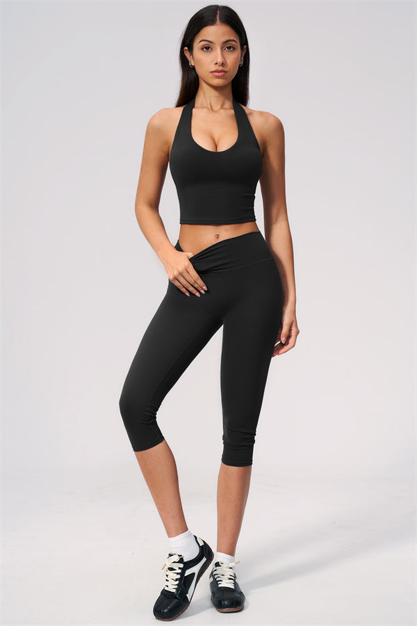 The Twirl Wide Strap Halter Crop Top Capri Leggings 2-Piece Set