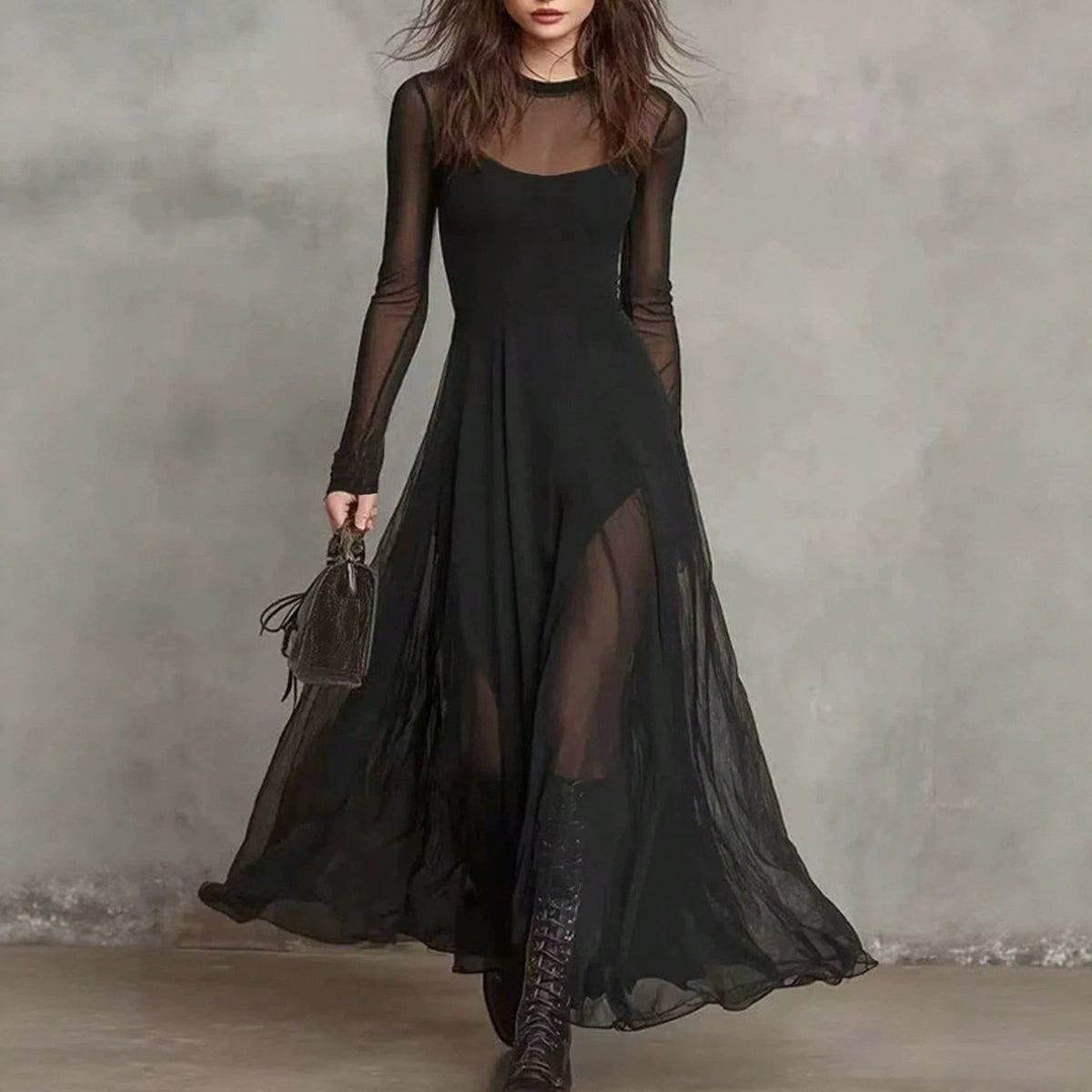 Women's Elegant Mesh-Spliced Maxi Dress — High Waist Slim Fit Patchwork