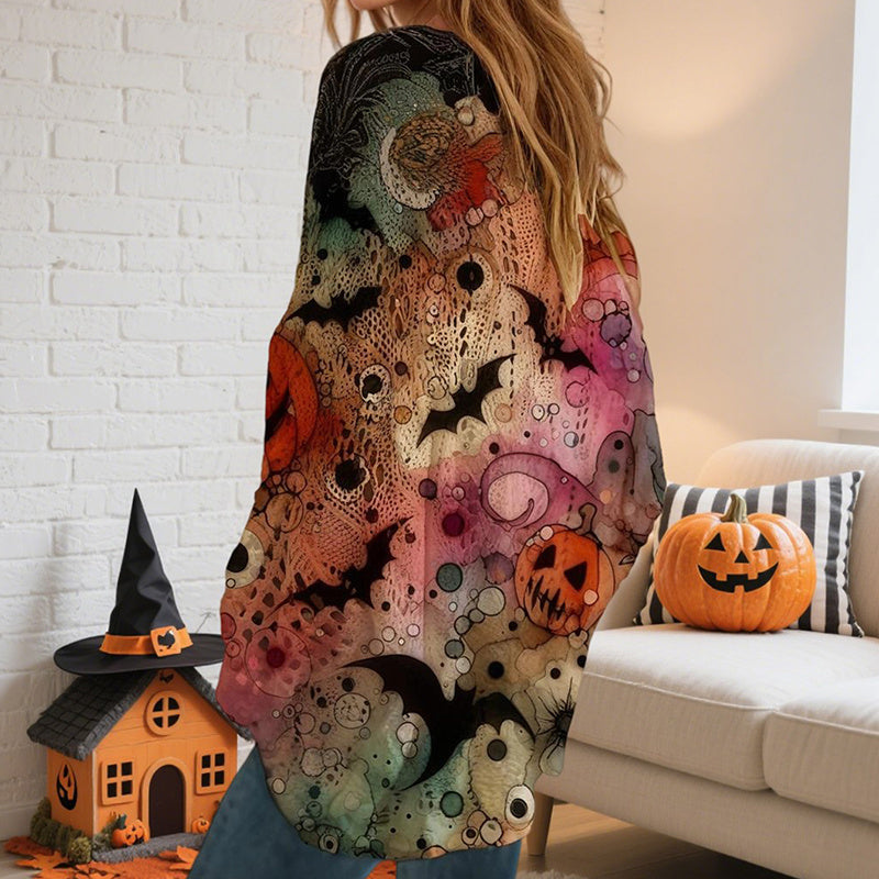 Women’s Hollow Out Batwing Top – Halloween Pumpkin Print Blouse