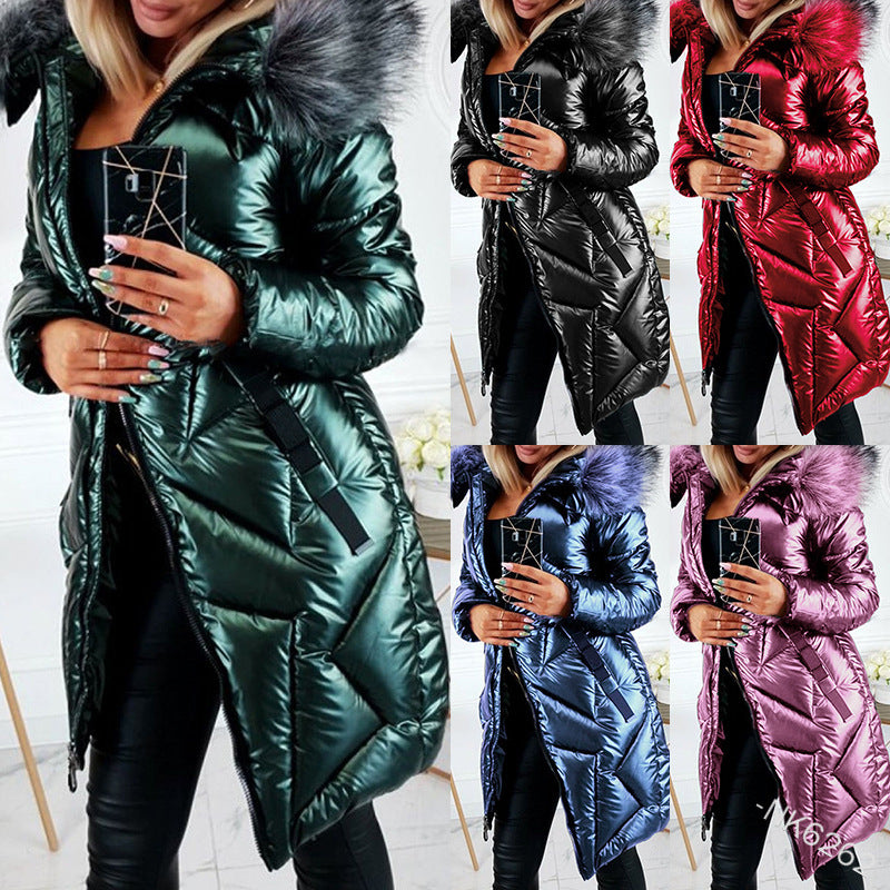 Women's Mid-length Solid Color Cotton Hooded Jacket