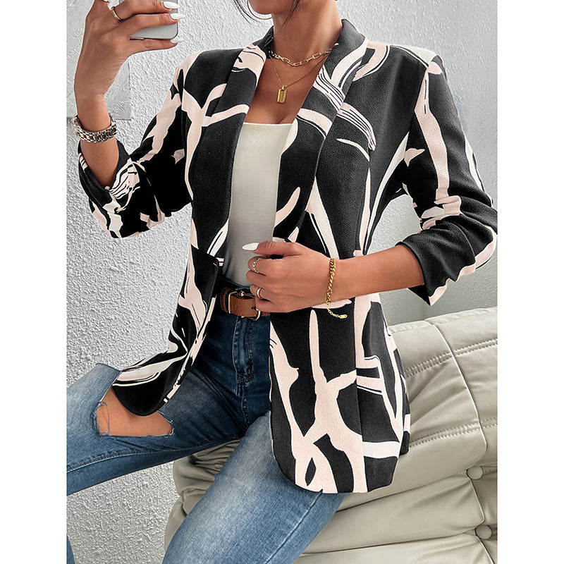 Women's Abstract Print Blazer Button Long Sleeve Work Jacket