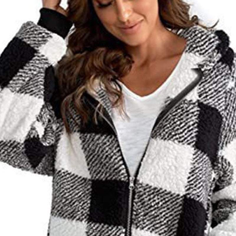 Plaid Hooded Zip-Up Oversized Jacket — Women’s Winter Commute Coat