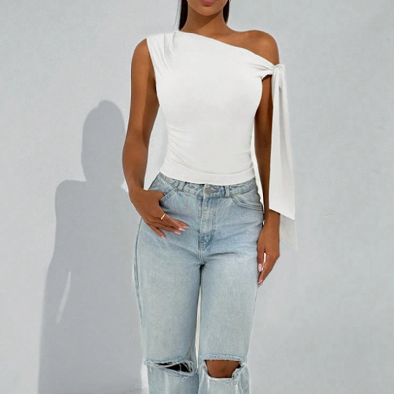 Women’s One-Shoulder Asymmetrical Tie Shoulder Top – Going Out & Party Shirt
