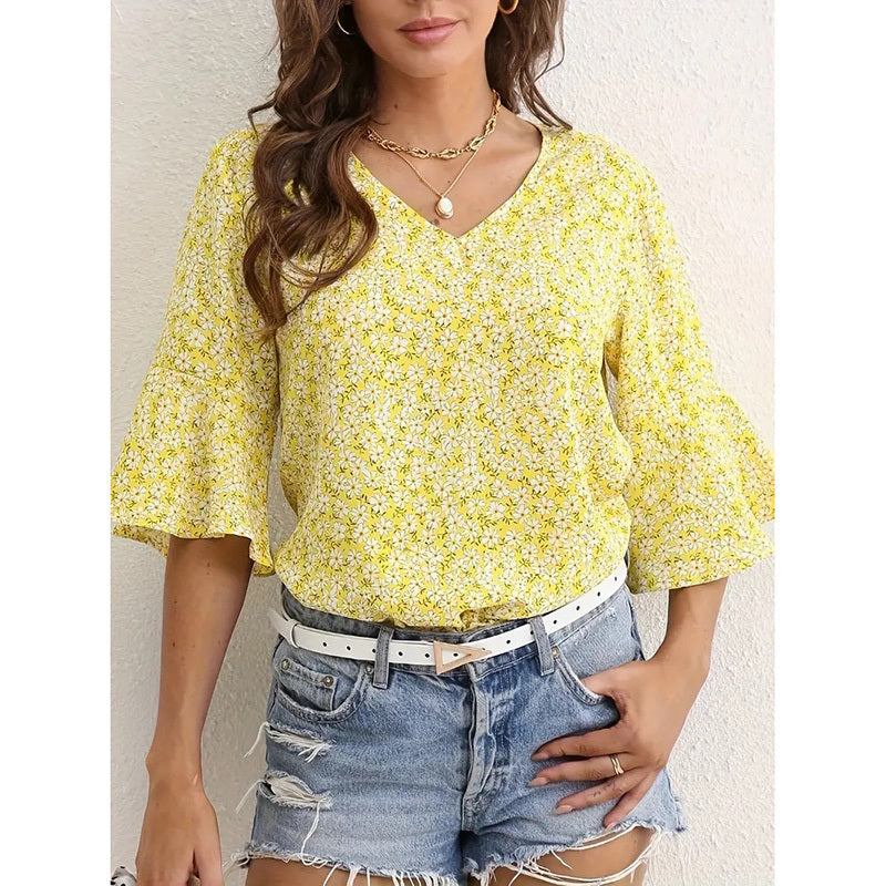 Womens Summer Floral Print Blouses V-Neck Flare Sleeve Tops