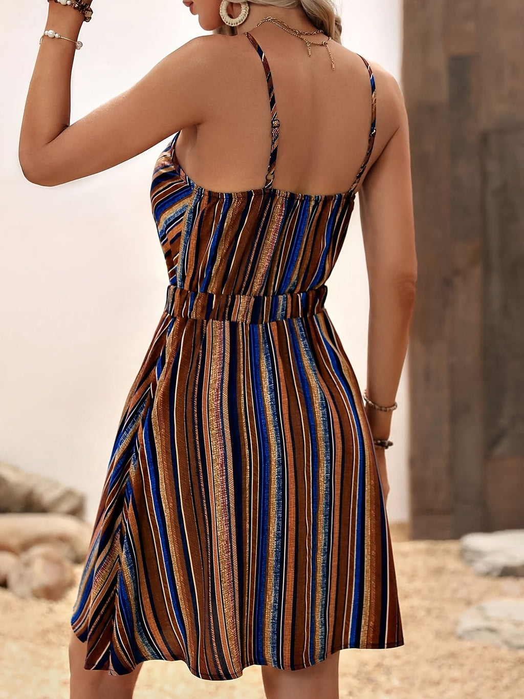 Women’s Deep V-Neck Striped Slip Dress